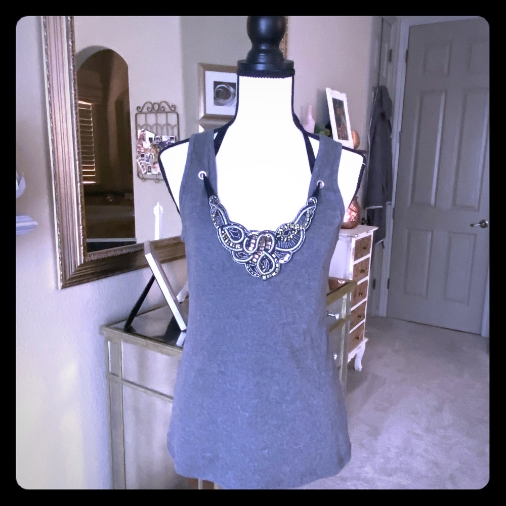 🍭3/25🍭 Unique Beaded Ribbed Tank w-Neck Ribbon
